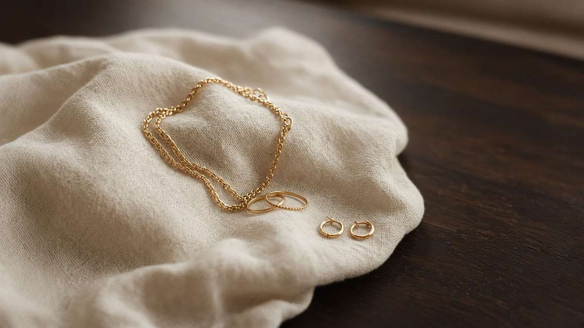 Gold jewellery on ivory linen